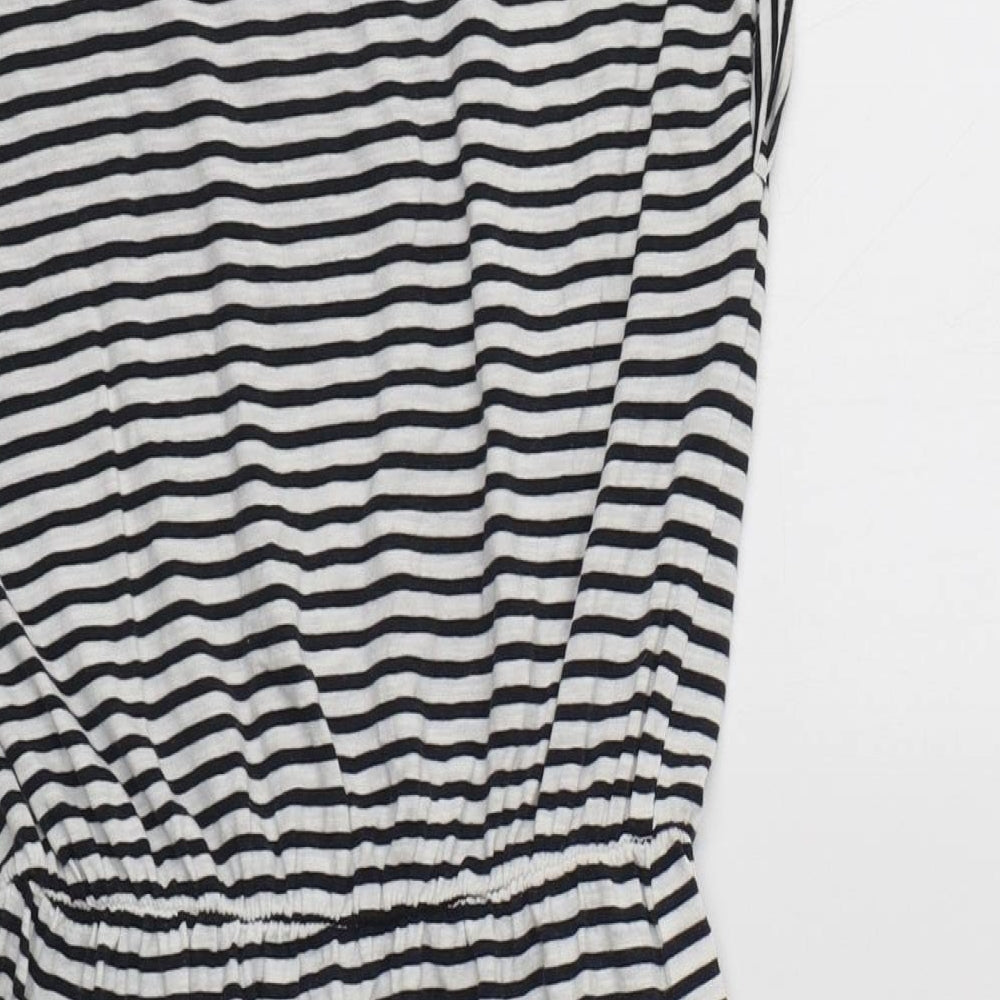 Brand and care label for H&M women’s white striped cotton fit & flare, size XS, crew neck