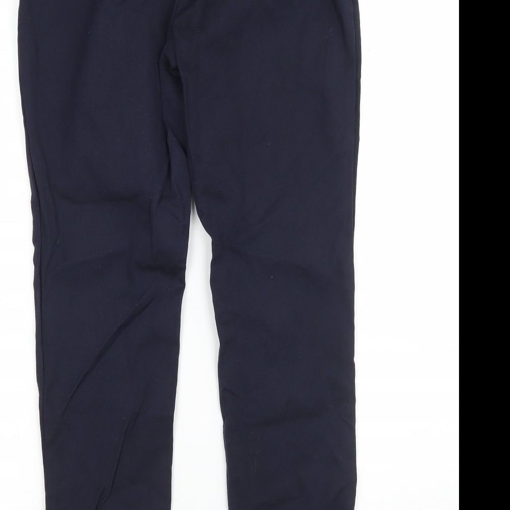 Brand and care label for F&F women’s blue viscose trousers, size UK 8, 27-inch leg regular