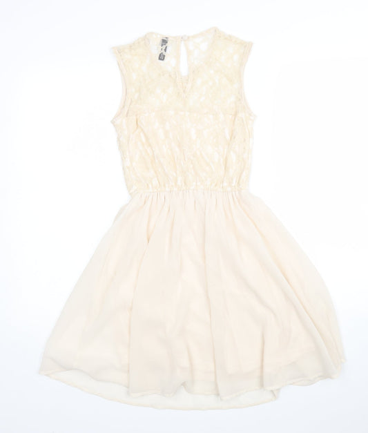 H&M Womens Beige Floral Polyester Fit & Flare Size 6 Round Neck