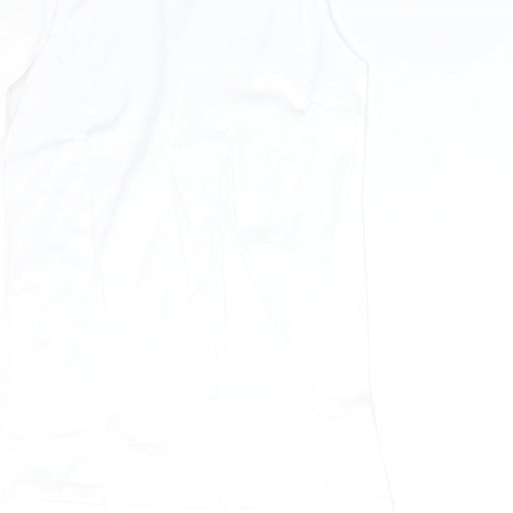 Brand and care label for BACK TO SCHOOL boys’ white cotton basic tank, size 6-7, years round neck