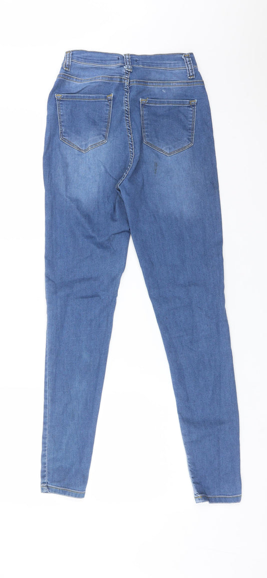Back view of Boohoo women’s blue cotton skinny jeans, size UK 8, 28-inch leg regular