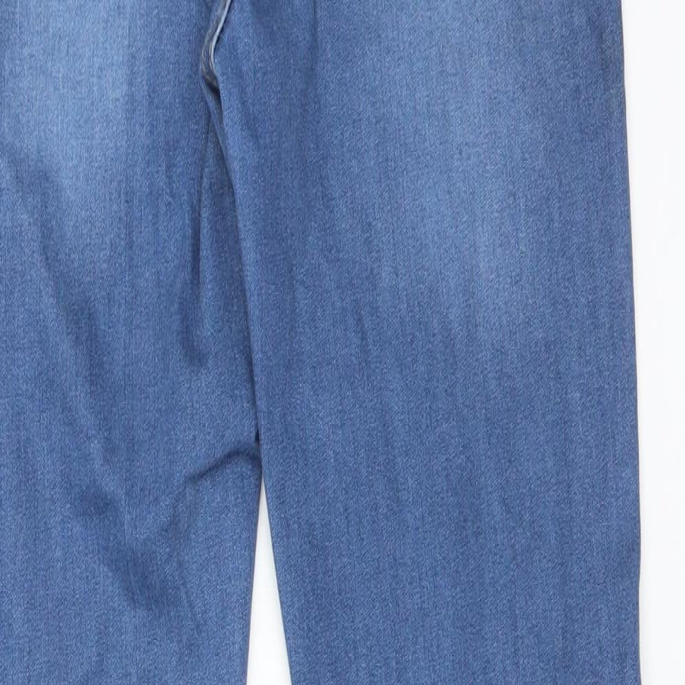 Brand and care label for Boohoo women’s blue cotton skinny jeans, size UK 8, 28-inch leg regular