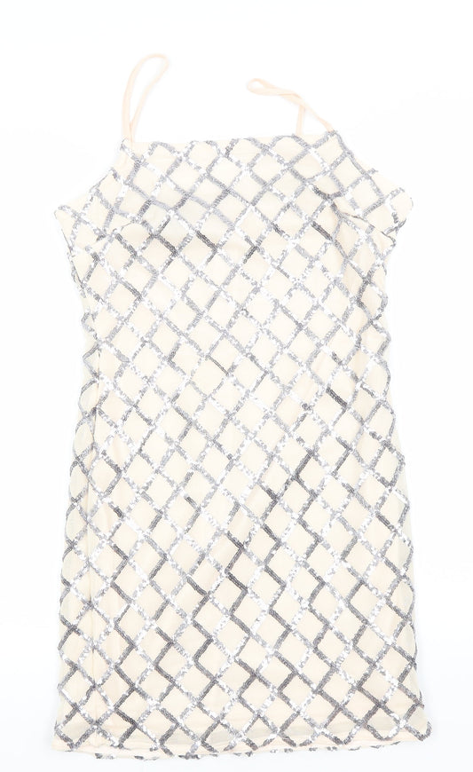 Additional front view of Parisian Signature women’s ivory argyle/diamond polyester a-line, size UK 10, round neck