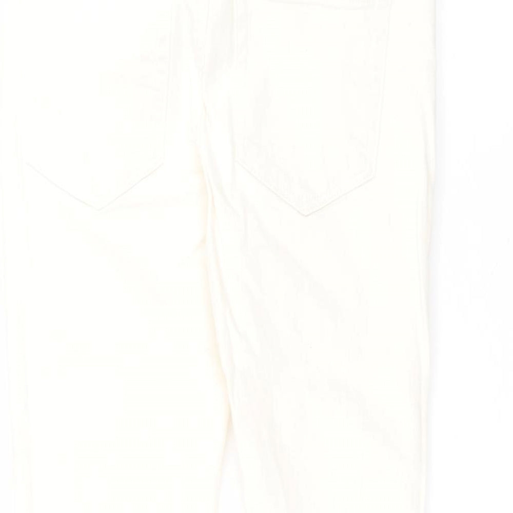 Brand and care label for River Island women’s white cotton straight jeans, size UK 28, in, 28-inch leg regular