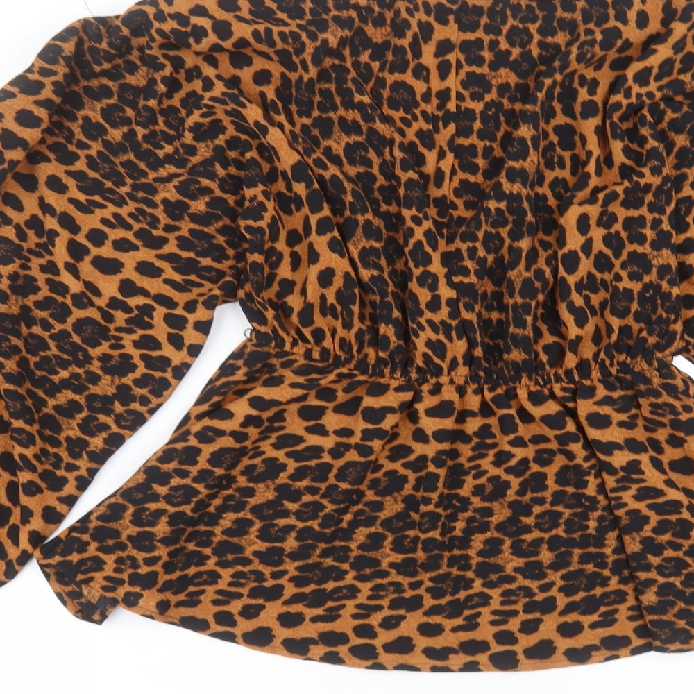 Boohoo Womens Brown Animal Print Polyester Basic Blouse Size 8 Round Neck