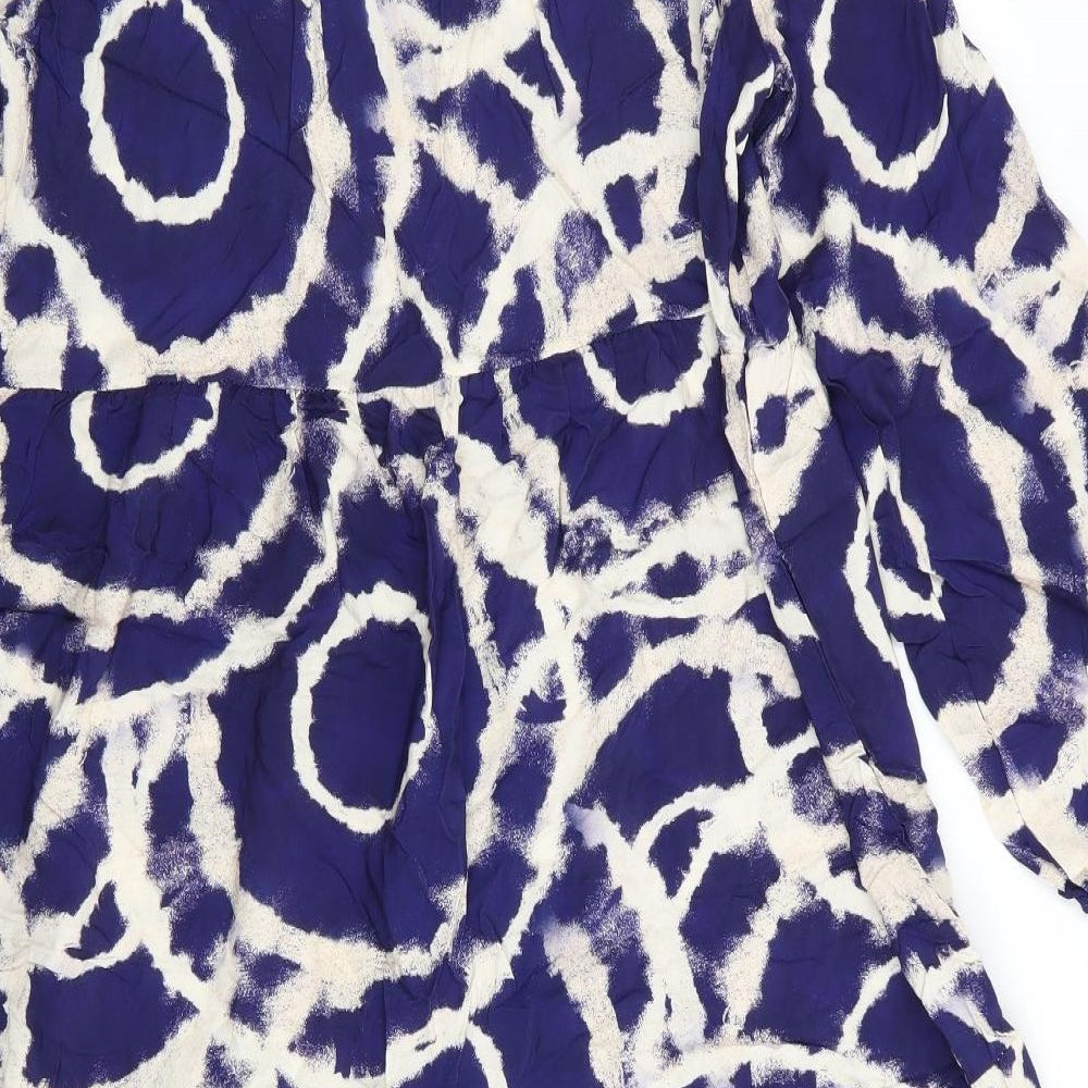 Brand and care label for Glossy women’s blue geometric viscose a-line round neck - frilled hem