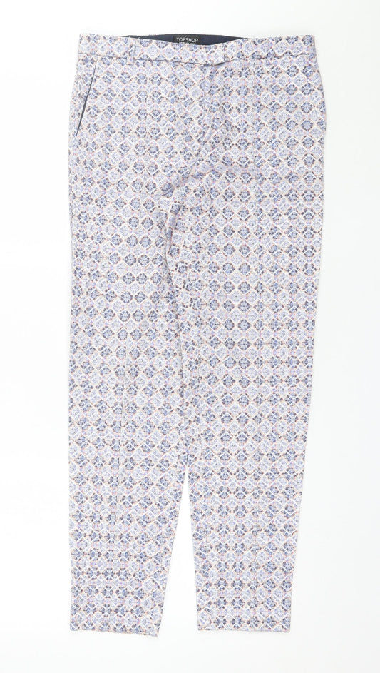 Additional front view of Topshop women’s blue geometric cotton trousers, size UK 10, 27-inch leg regular