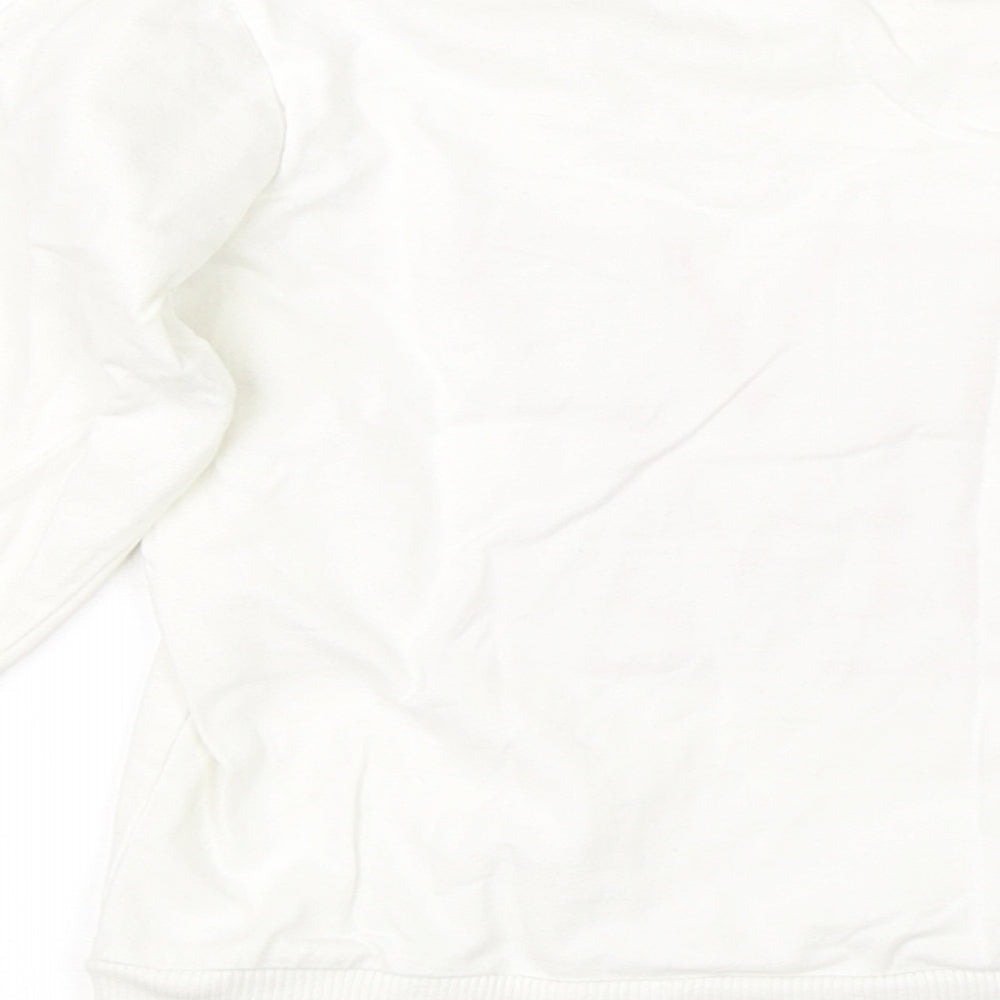 Brand and care label for Preworn boys’ white round neck cotton jumper, size S