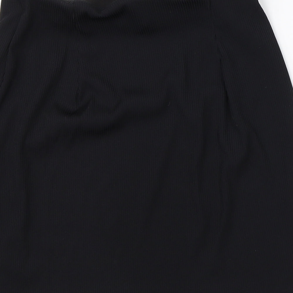 Brand and care label for Divided women’s black polyester a-line skirt, size S