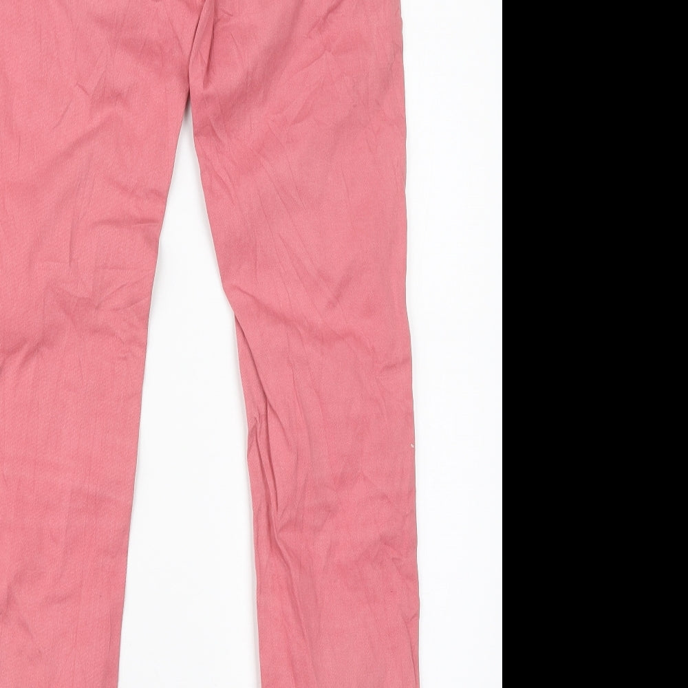 Brand and care label for H&M women’s pink cotton skinny jeans, size UK 8, 28-inch leg regular