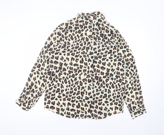 Primark Womens Brown Animal Print Polyester Basic Button-Up Size 14 Round Neck