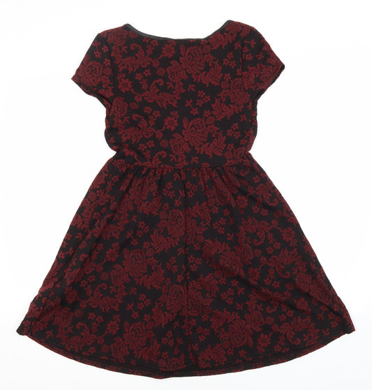 New Look Womens Red Floral Polyester A-Line Size 10 Round Neck