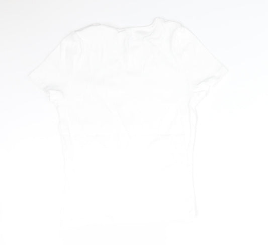Preworn Womens White Striped Basic T-Shirt Size 14 Crew Neck