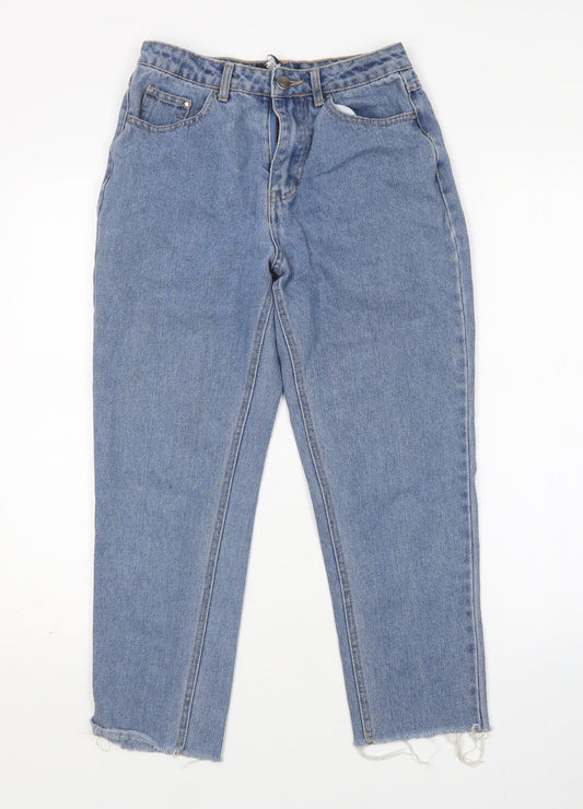 Additional front view of Missguided women’s blue cotton mom jeans, size UK 6, 24-inch leg regular