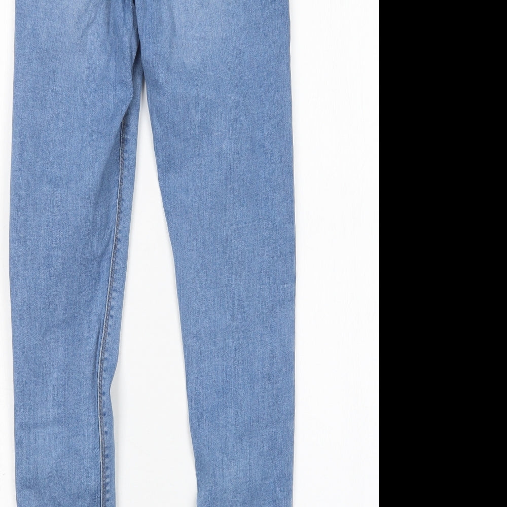 Brand and care label for Denim co women’s blue cotton skinny jeans, size UK 8, 28-inch leg regular