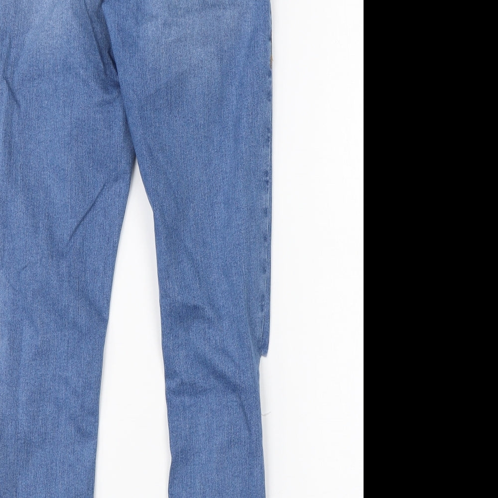 Brand and care label for Topshop women’s blue cotton skinny jeans, size UK 28, in, 26-inch leg regular