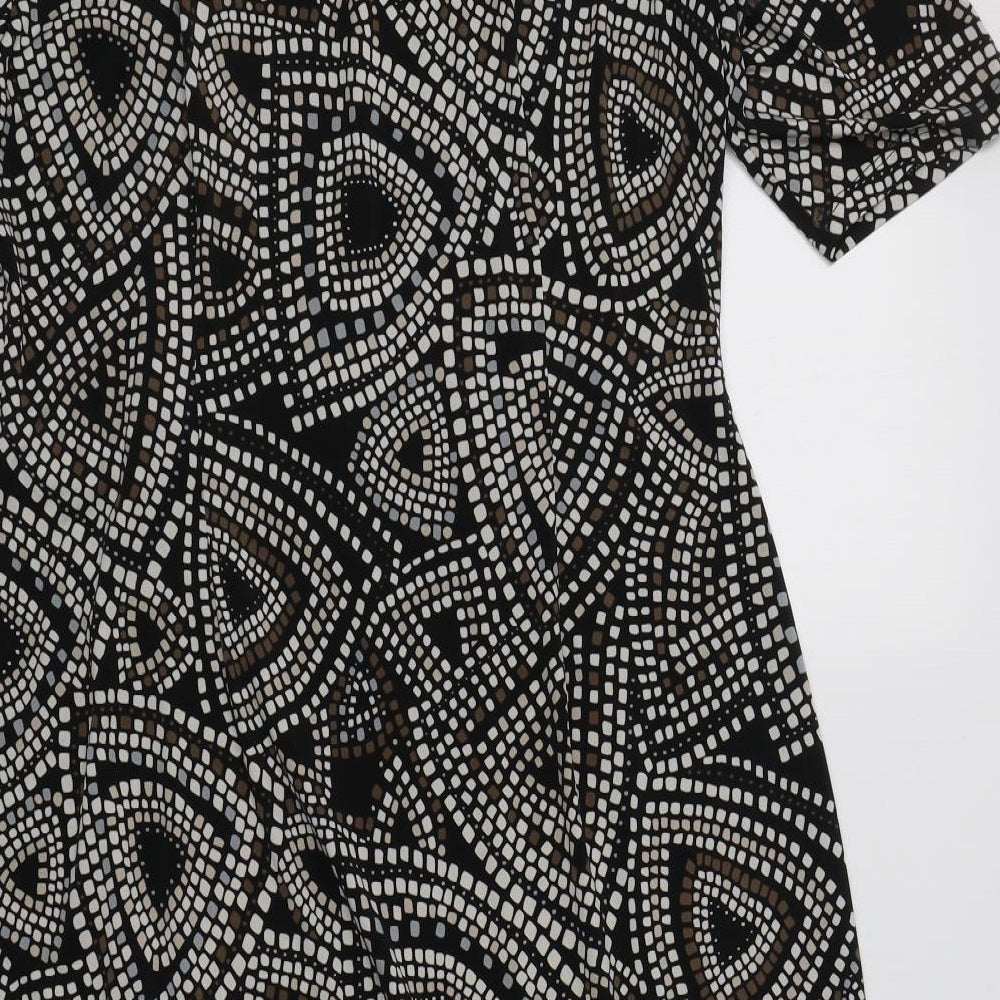 Cleo Womens Black Geometric Polyester A-Line Size 10 V-Neck