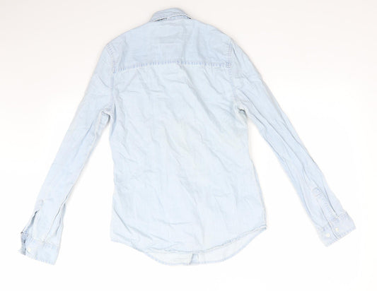 Denim Co Womens Blue Cotton Basic Button-Up Size 6 Collared - Bleach Wash
