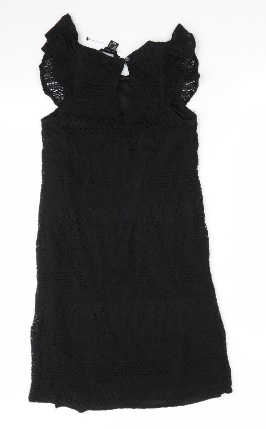 Atmosphere Womens Black Floral Cotton A-Line Size 6 Round Neck - Lace Overlay Dress