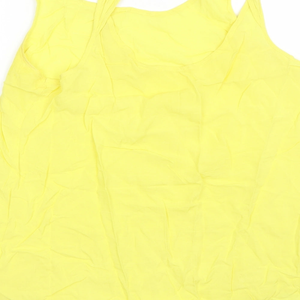 Brand and care label for Forever 21 women’s yellow polyester basic tank, size S, round neck