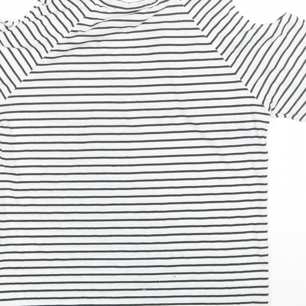 Brand and care label for Atmosphere women’s white striped polyester basic t-shirt, size UK 6, v-neck