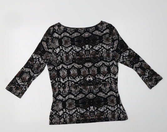 M&S Womens Black Animal Print Viscose Basic Blouse Size 12 Boat Neck