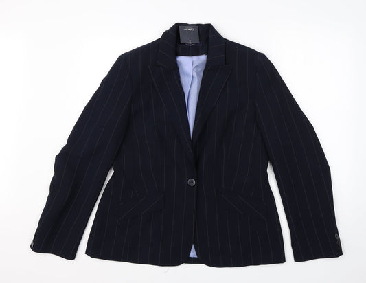 Additional front view of Debenhams women’s blue pinstripe polyester jacket suit jacket, size UK 14