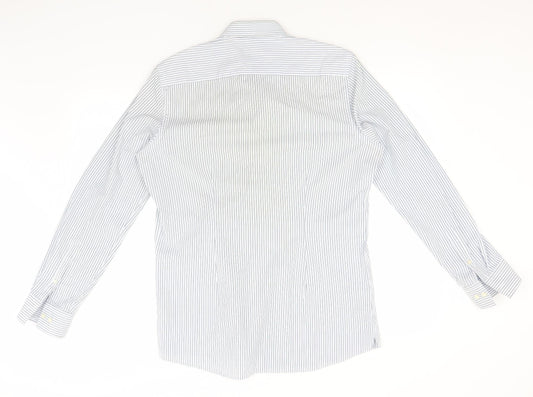 NEXT Mens Blue Striped Polyester Button-Up Size 15.5 Collared