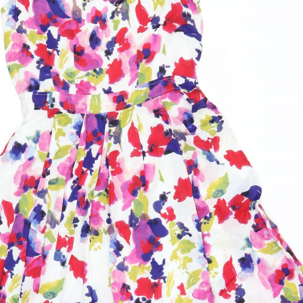 Adini Womens White Floral Cotton A-Line Size S Round Neck