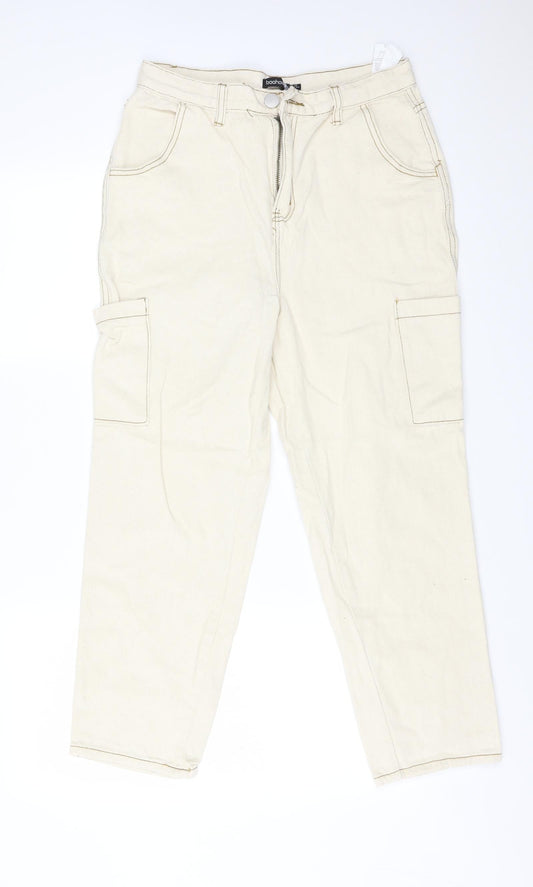 Additional front view of Boohoo women’s ivory cotton straight jeans, size UK 12, 25-inch leg regular