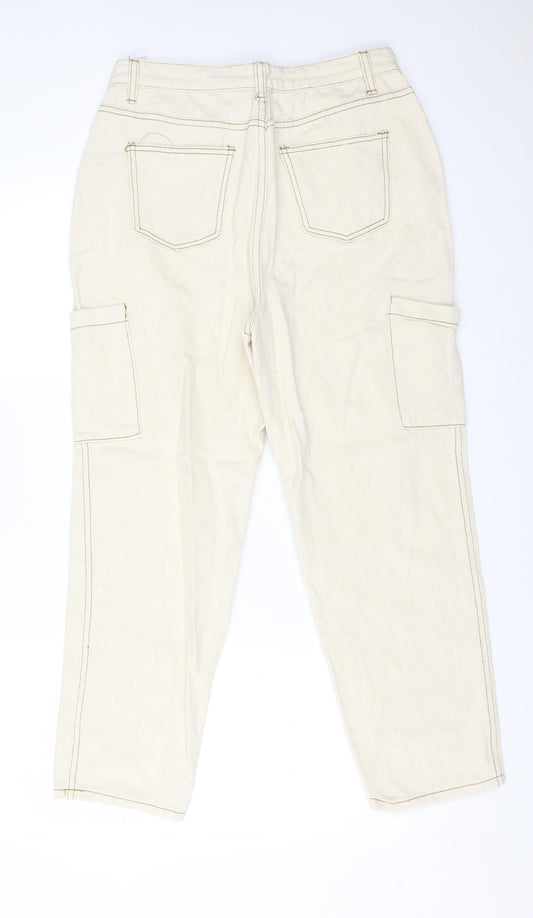 Boohoo Womens Ivory Cotton Straight Jeans Size 12 L25 in Regular