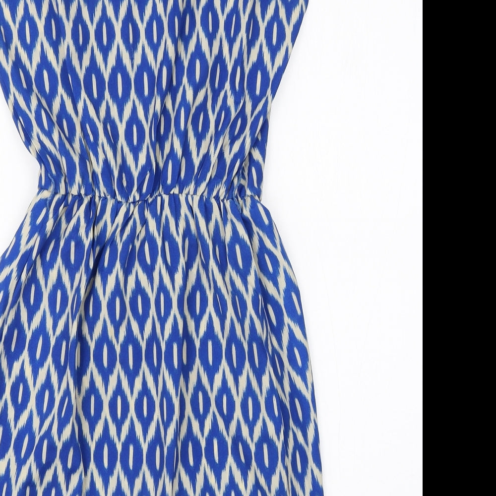 Brand and care label for Glamorous women’s blue animal print polyester a-line, size UK 8, v-neck