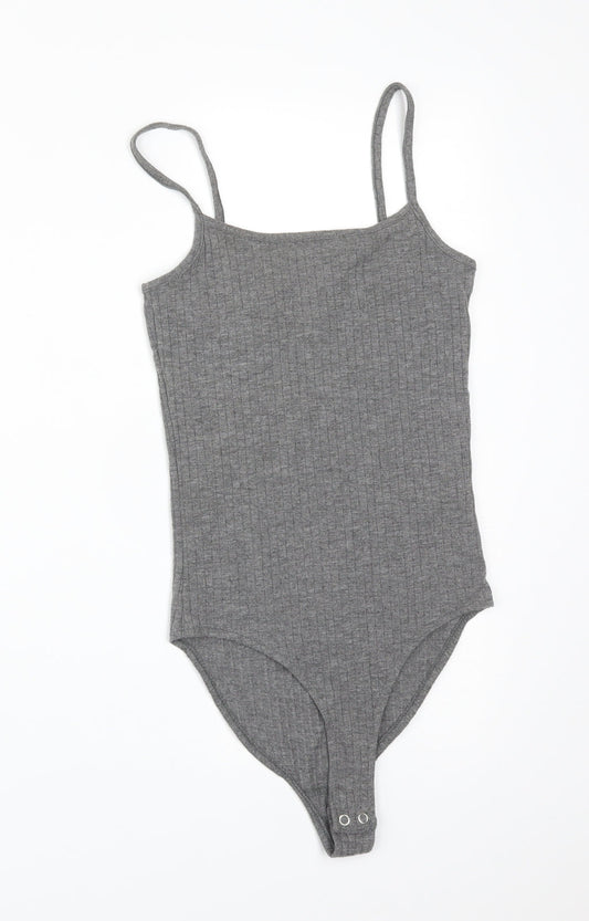 Additional front view of Primark women’s grey striped polyester bodysuit one-piece, size UK 4