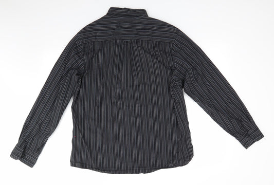 George Mens Black Striped Polyester Button-Up Size L Collared - Black Grey Blue White Stripe