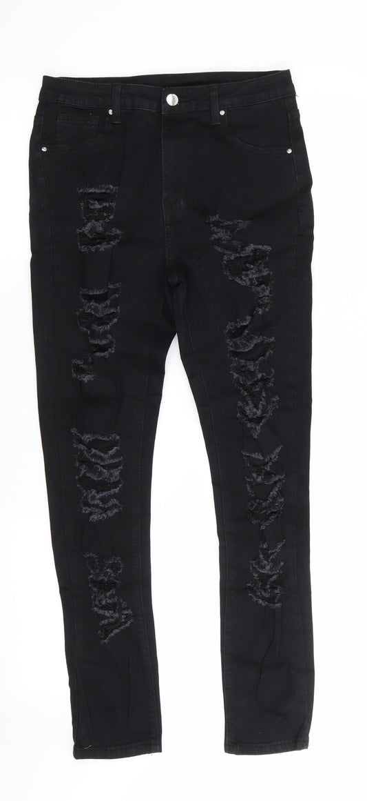 Additional front view of SHEIN women’s black cotton skinny jeans, size S, 27-inch leg regular - very distressed