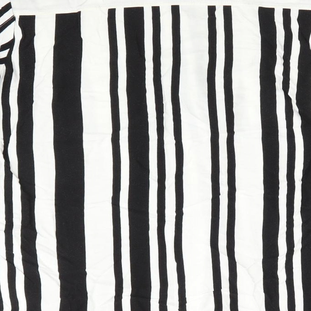 Mama Licious Womens Black Striped Viscose Tunic Button-Up Size L High Neck - Vertical Black & White Stripes Mandarin type collar Concealed buttons