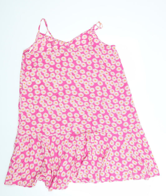 Pieces Womens Pink Floral Viscose Fit & Flare Round Neck - White & Orange flowers Frilled hemline