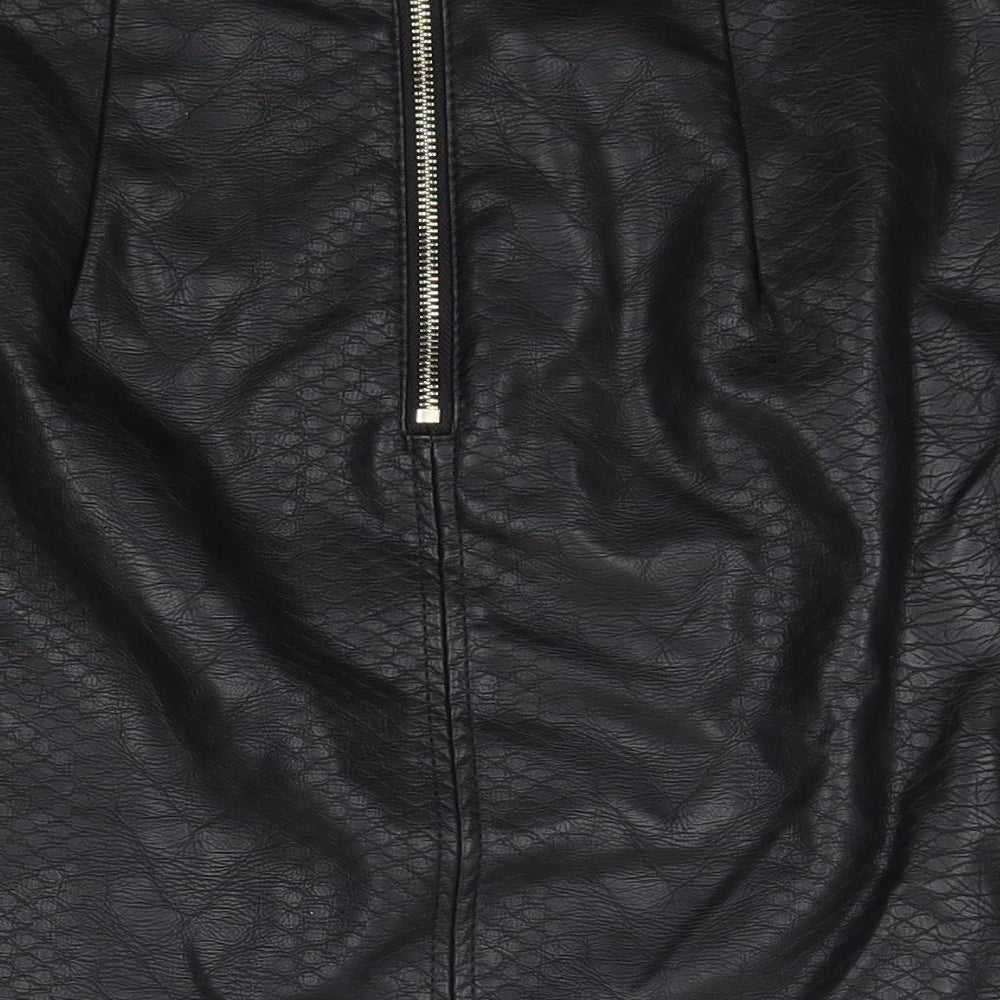 Brand and care label for F&F women’s black polyurethane a-line skirt, size UK 8