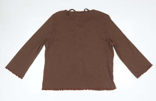 M&S Womens Brown Cotton Basic Blouse Size 2XL Round Neck - Frill Detail Bohemian