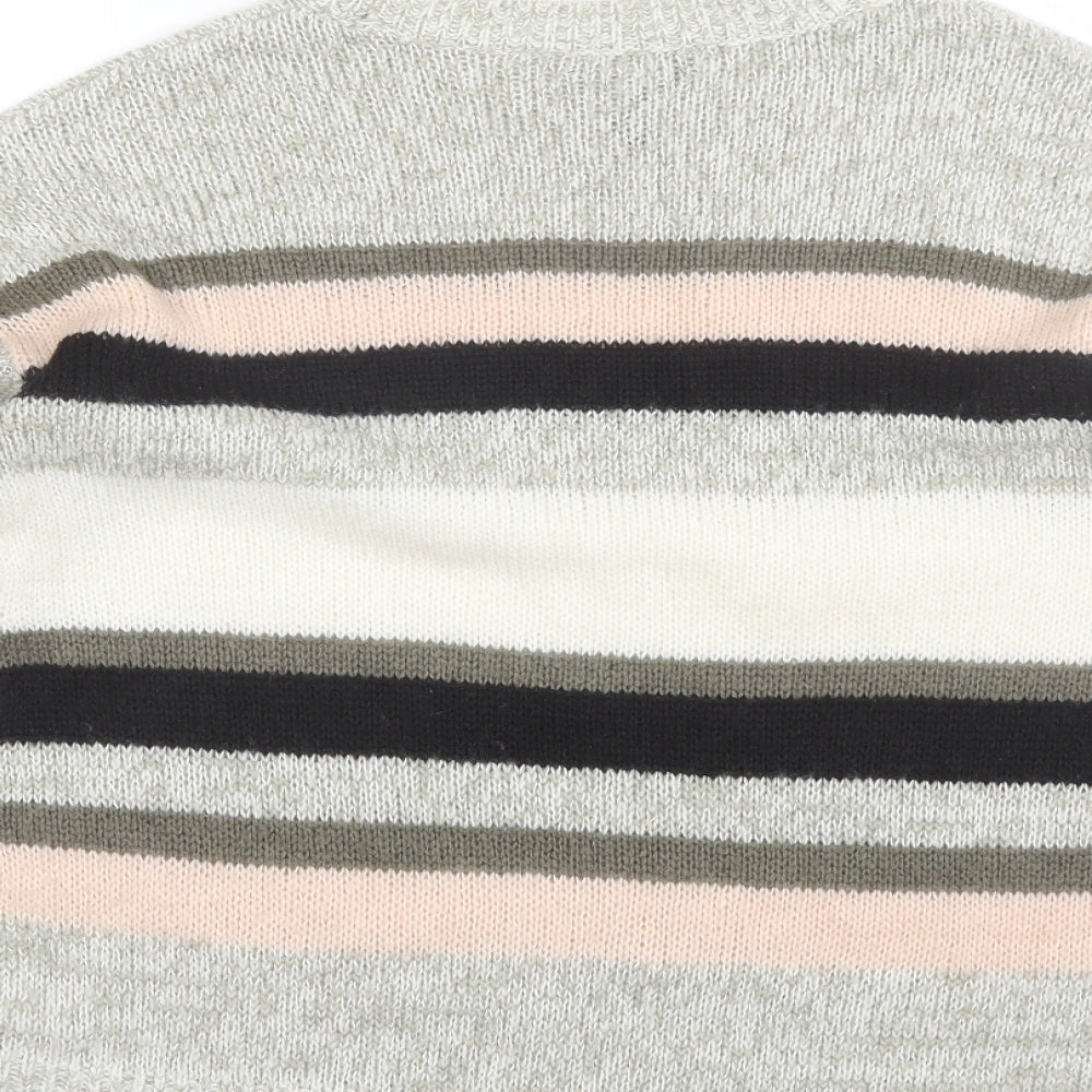 Brand and care label for New Look women’s grey round neck striped acrylic jumper, size M