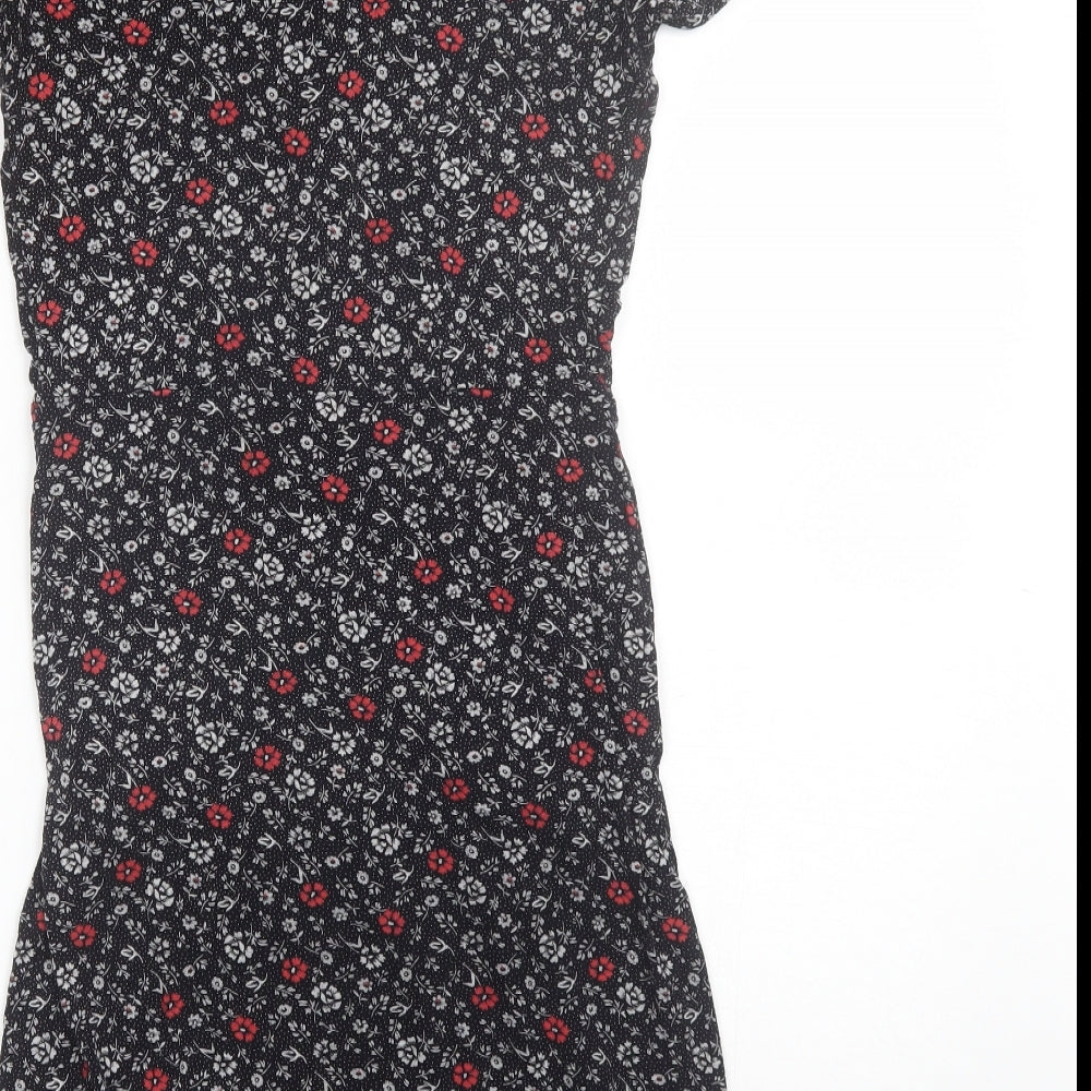 Brand and care label for Papaya women’s black floral viscose shift, size UK 8, v-neck