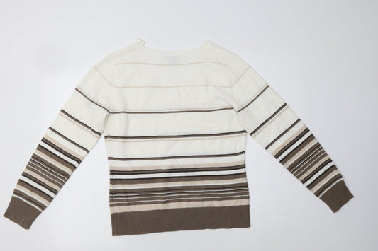 TU Womens White V-Neck Striped Acrylic Shrug Jumper Size 14