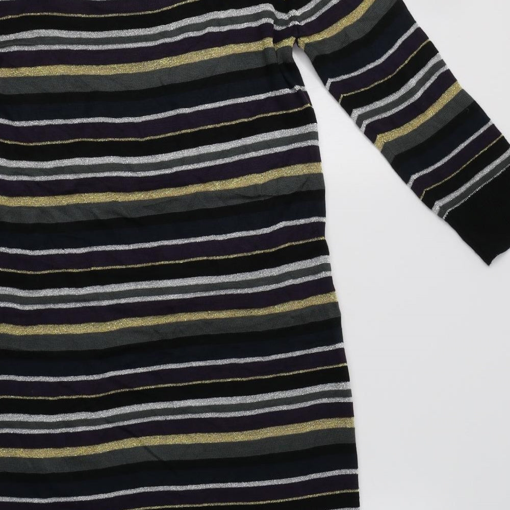 Brand and care label for Soaked in Luxury women’s multicoloured striped acrylic jumper dress, size S, boat neck