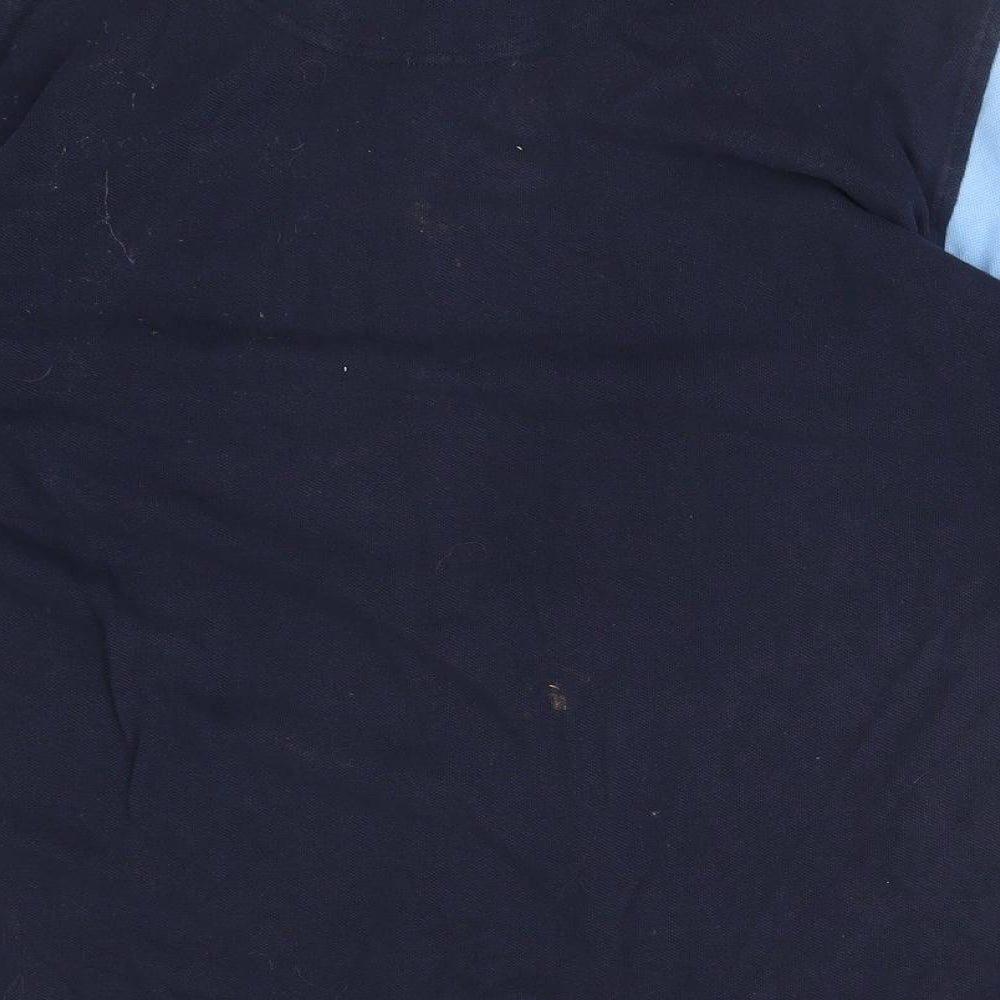 Brand and care label for ONE BY ONE men’s blue colourblock cotton polo, size M, collared