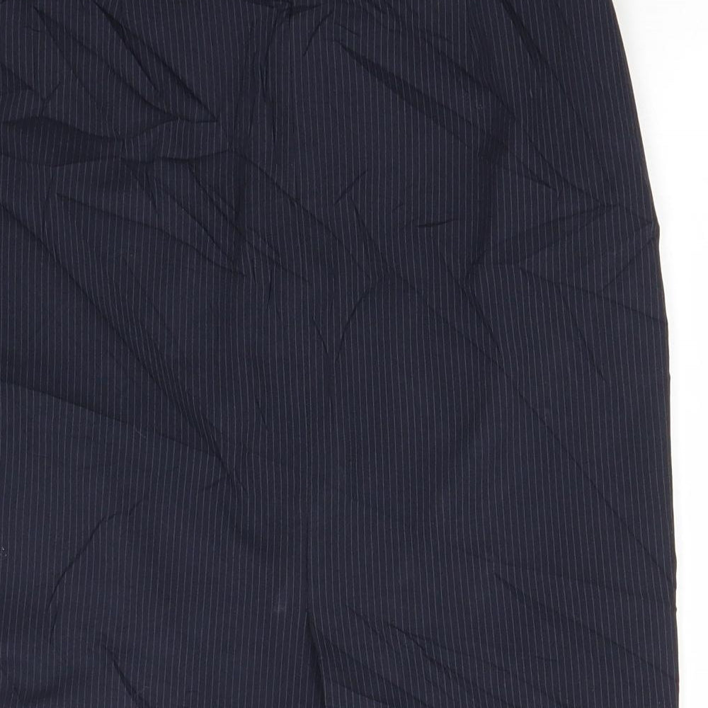 Brand and care label for Uniqlo women’s blue striped polyester straight & pencil skirt, size UK 25, in