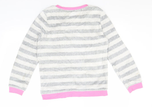 Back view of Disney women’s white round neck striped polyester jumper, size UK 6, - minnie mouse