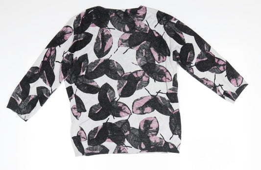 Clements Ribeiro Womens Grey Round Neck Floral Viscose Pullover Jumper Size M - Black & pink leaf pattern