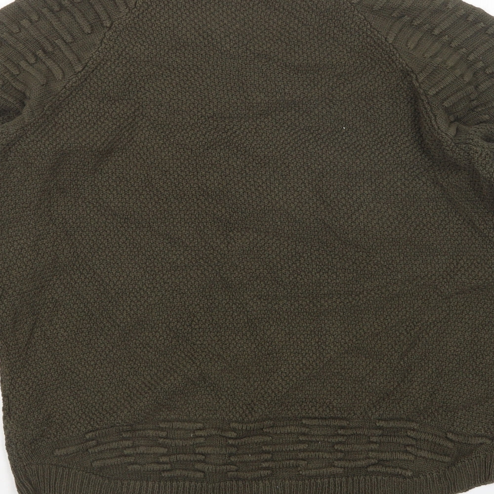 Brand and care label for Pep&Co men’s green round neck acrylic jumper, size M
