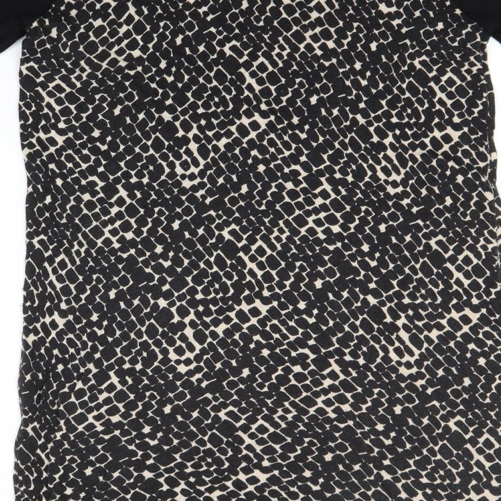 Brand and care label for Tu women’s black animal print polyamide t-shirt dress, size UK 14, round neck