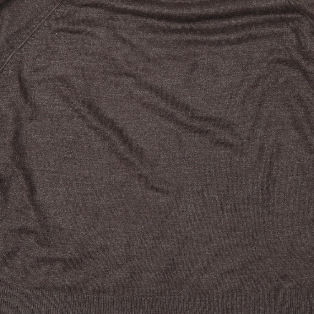 Brand and care label for Urban Spirit men’s brown round neck acrylic jumper, size XL